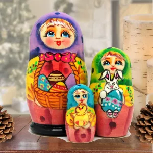 Basket Matreshka Nesting Hand-Painted Doll Set of 3 by G. DeBrekht - Easter Spring Décor - 14737