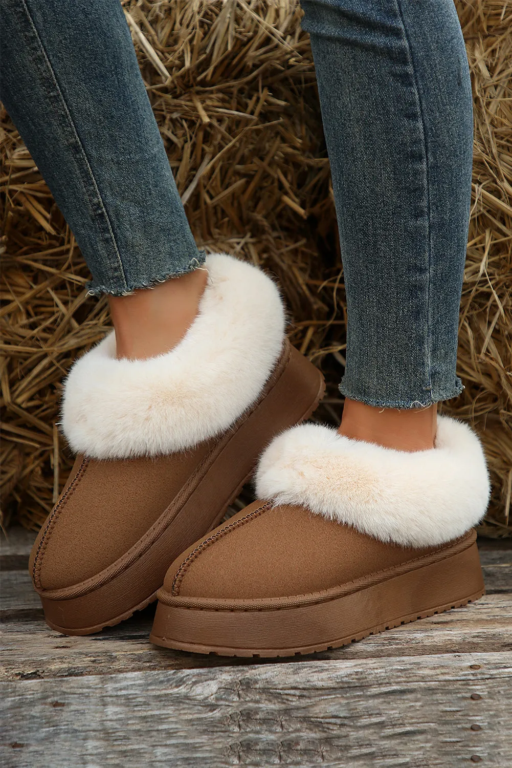 Chestnut Plush Suede Trim Thick Sole Flat Snow Boots