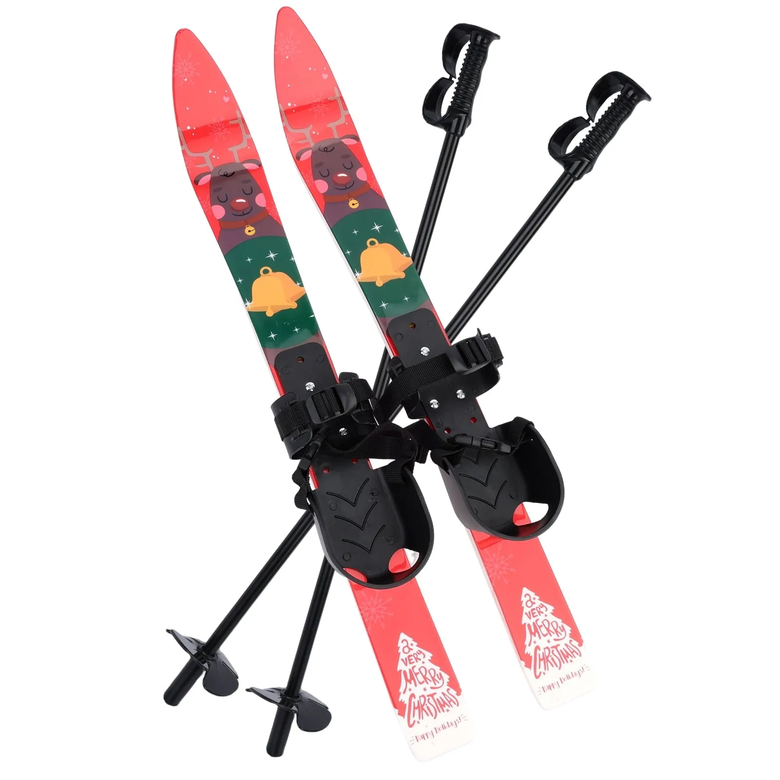 classic Skymirror Kid Beginner Snow Skis and Poles, Low-Resistant Ski Boards for Age 4 and Under, Lightweight Sturdy Safe Kids Skiing Equipment, with Christmas Themed Pattern, Adjustable Buckle