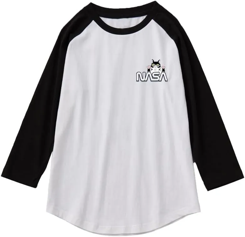 CORIRESHA Cat Lover Cute Top 3/4 Sleeves Casual Color Block Teen's NASA T-Shirt