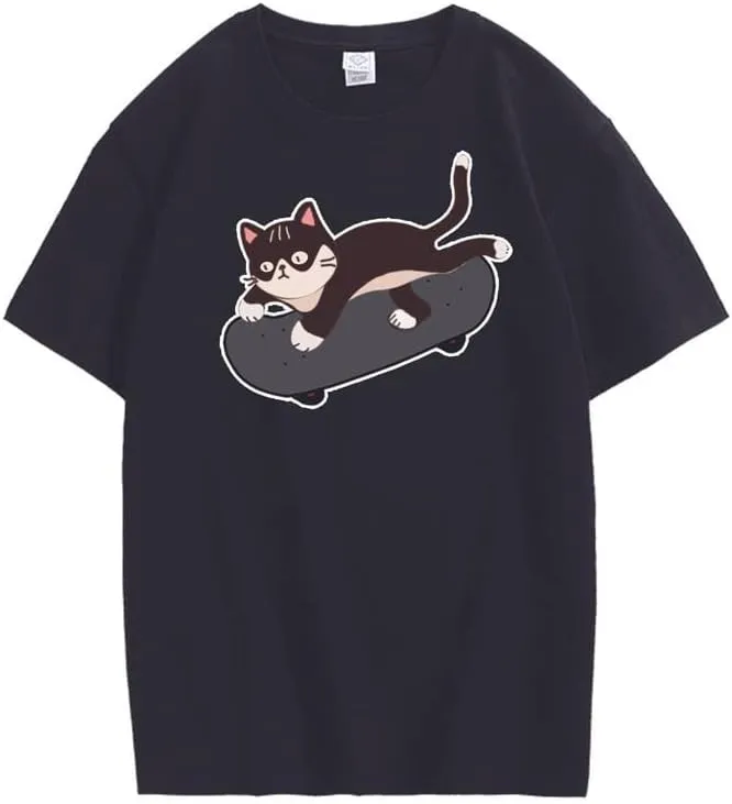 CORIRESHA Cute Skateboard Cat Graphic Crewneck Short Sleeve Cozy Teen T-Shirt