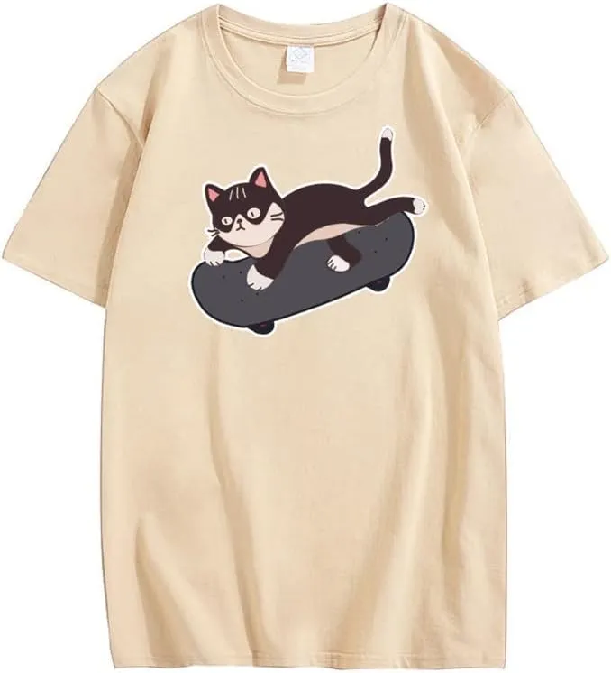 CORIRESHA Cute Skateboard Cat Graphic Crewneck Short Sleeve Cozy Teen T-Shirt