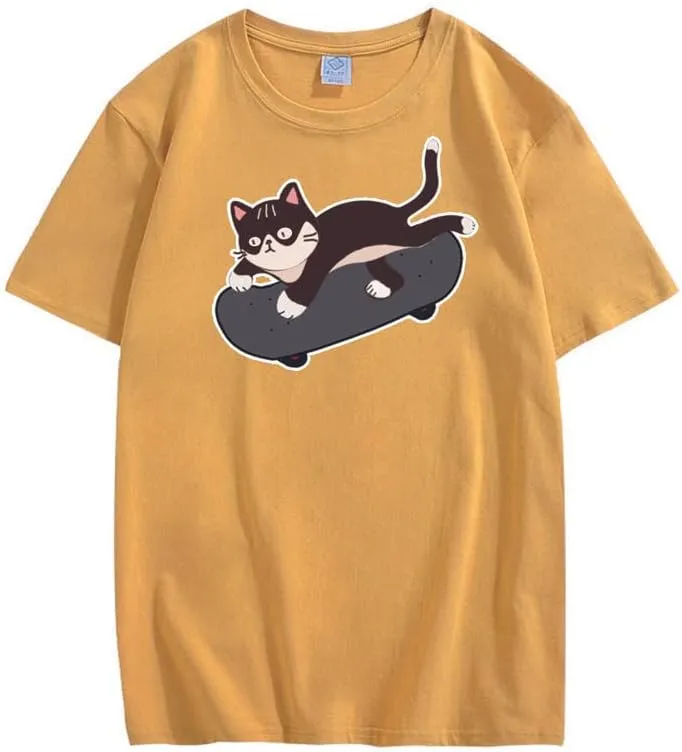 CORIRESHA Cute Skateboard Cat Graphic Crewneck Short Sleeve Cozy Teen T-Shirt