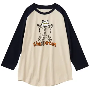 CORIRESHA Halloween Costume Funny Cats Skeleton Pattern 3/4 Raglan Sleeves Gothic T-Shirt