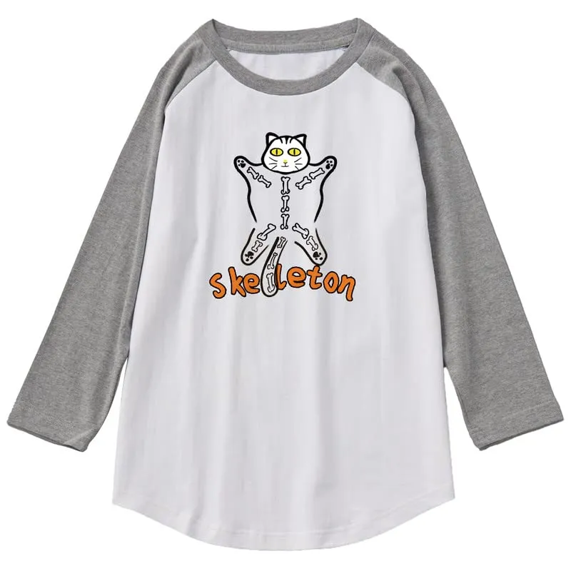 CORIRESHA Halloween Costume Funny Cats Skeleton Pattern 3/4 Raglan Sleeves Gothic T-Shirt