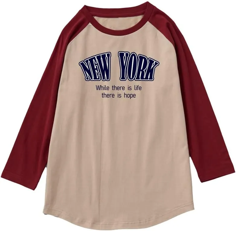 CORIRESHA Teen's 3/4 Raglan Sleeve Letter Print Casual Round Neck Color Block T-Shirt