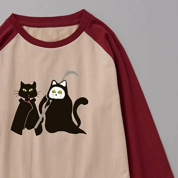 CORIRESHA Teen's Halloween Clothing Cute Ghost Cat Graphic Raglan Sleeve T-Shirt