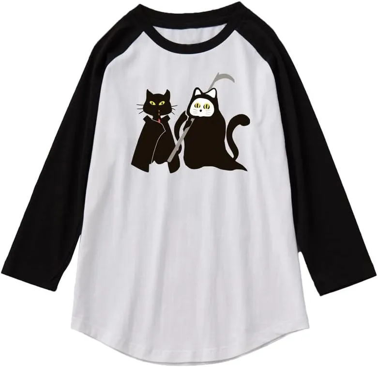 CORIRESHA Teen's Halloween Clothing Cute Ghost Cat Graphic Raglan Sleeve T-Shirt