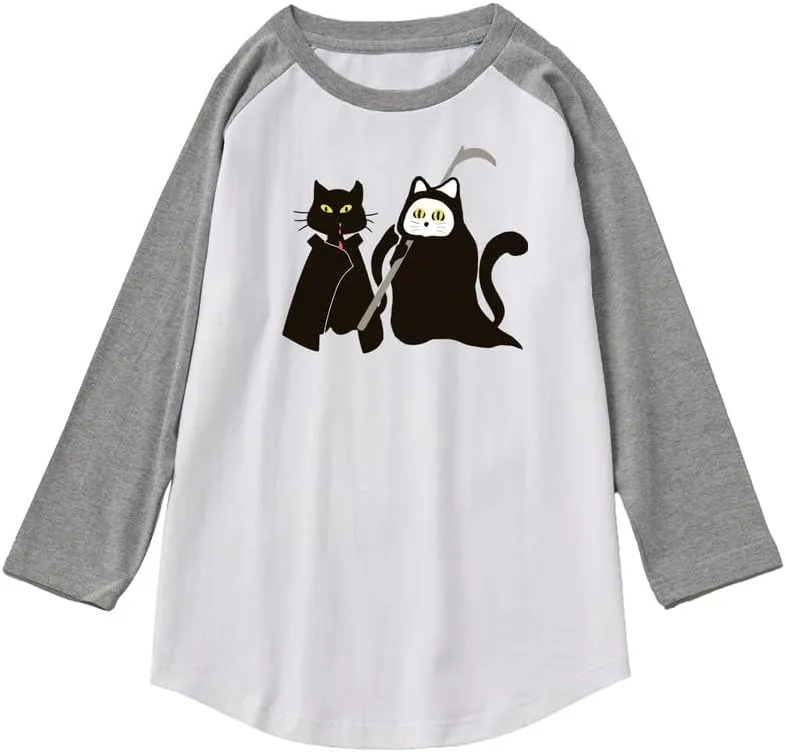 CORIRESHA Teen's Halloween Clothing Cute Ghost Cat Graphic Raglan Sleeve T-Shirt