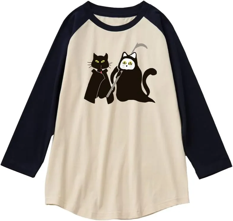 CORIRESHA Teen's Halloween Clothing Cute Ghost Cat Graphic Raglan Sleeve T-Shirt