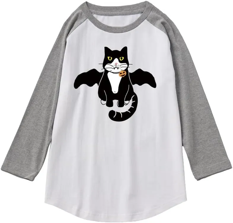 CORIRESHA Youth Cute Cat T-Shirt 3/4 Raglan Sleeves Funny Halloween Costume