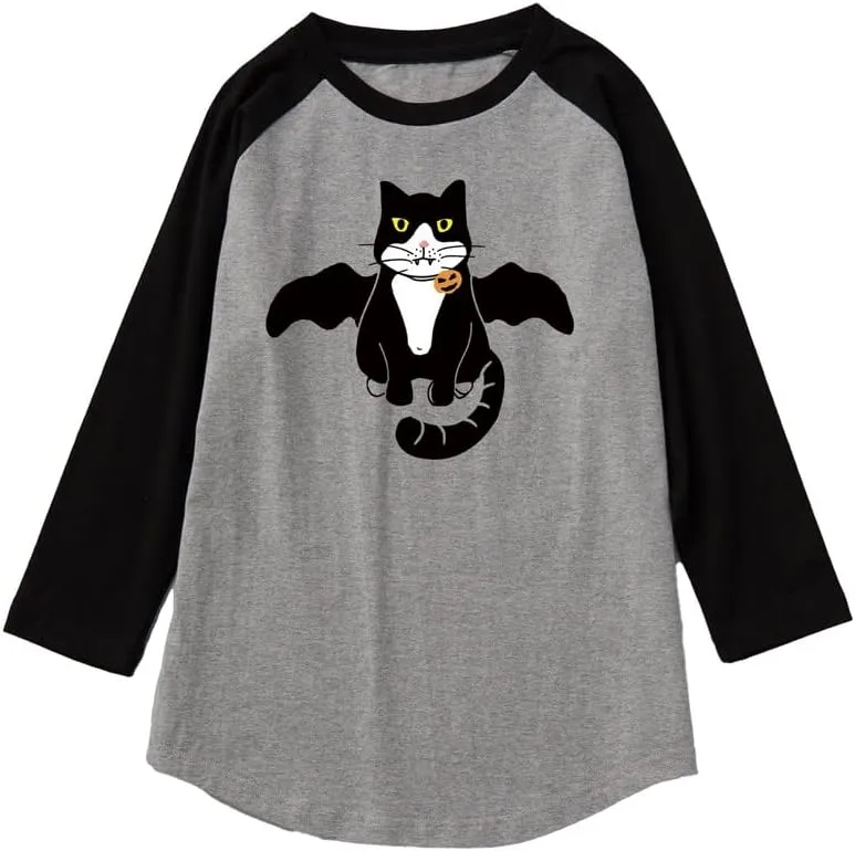 CORIRESHA Youth Cute Cat T-Shirt 3/4 Raglan Sleeves Funny Halloween Costume