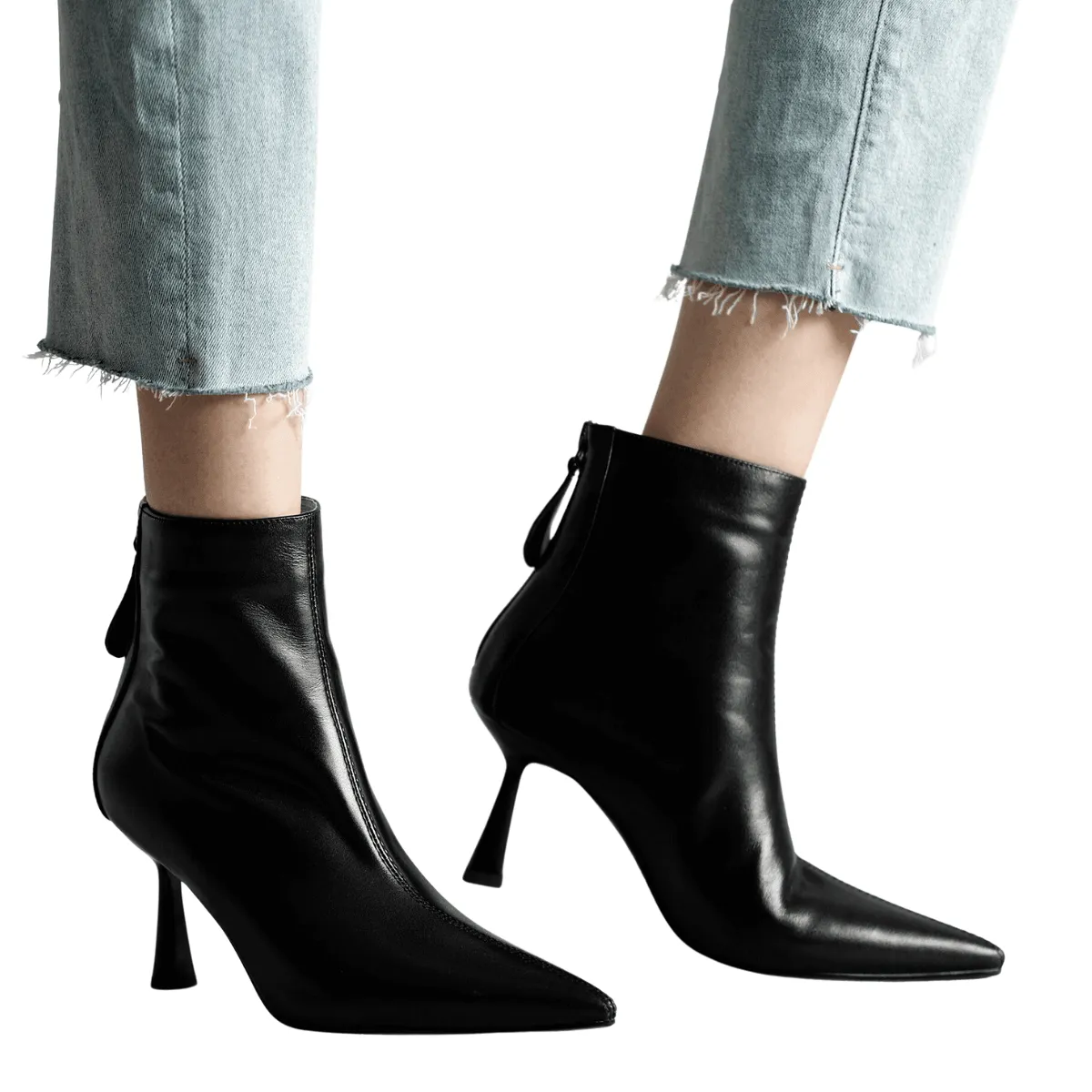 Cow Leather Pointed Toe High Heel Ankle Boots