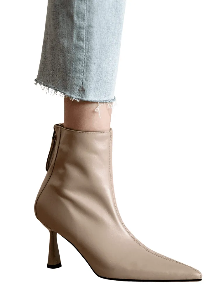 Cow Leather Pointed Toe High Heel Ankle Boots