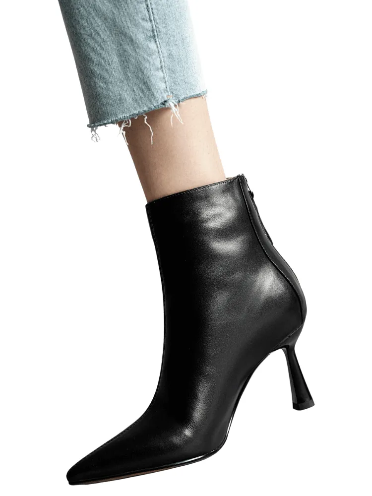 Cow Leather Pointed Toe High Heel Ankle Boots