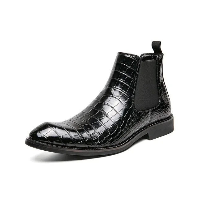 Crocodile Pattern Square Toe Leather Boots