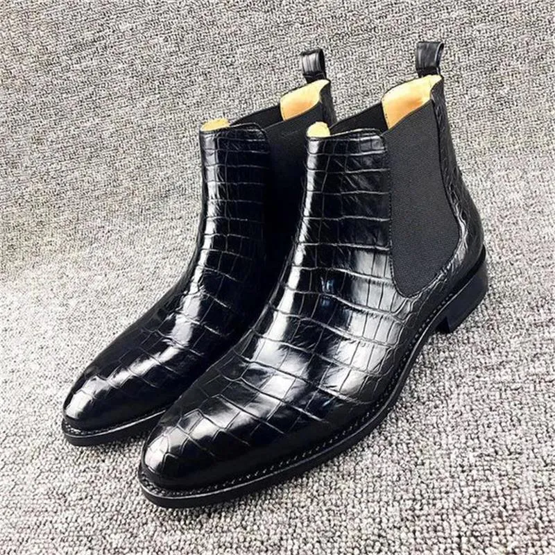 Crocodile Pattern Square Toe Leather Boots