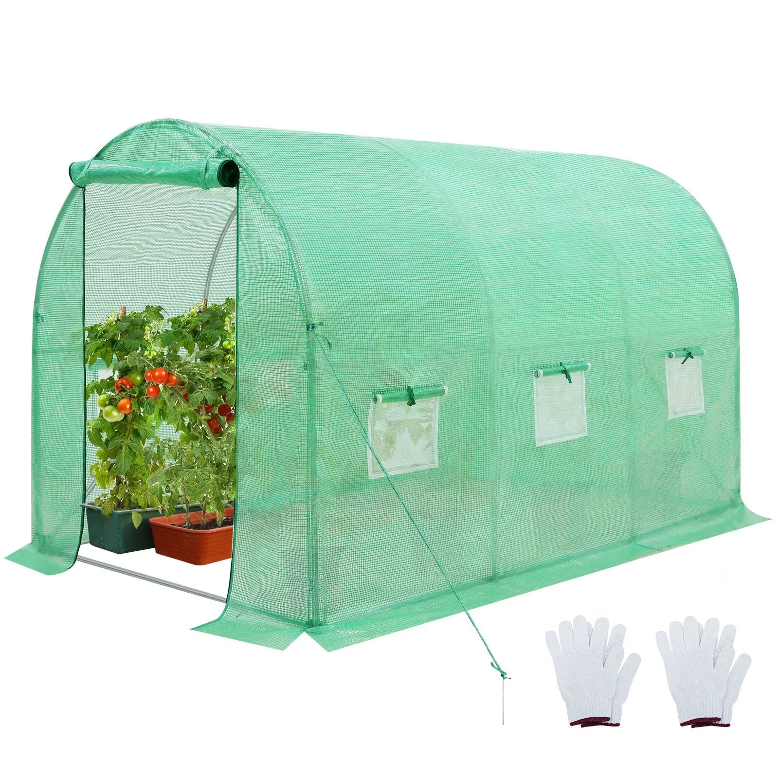 EAGLE PEAK Tunnel Greenhouse Garden Green House with Zippered Door and 6 Roll-up Side Windows, 10'x7'x7