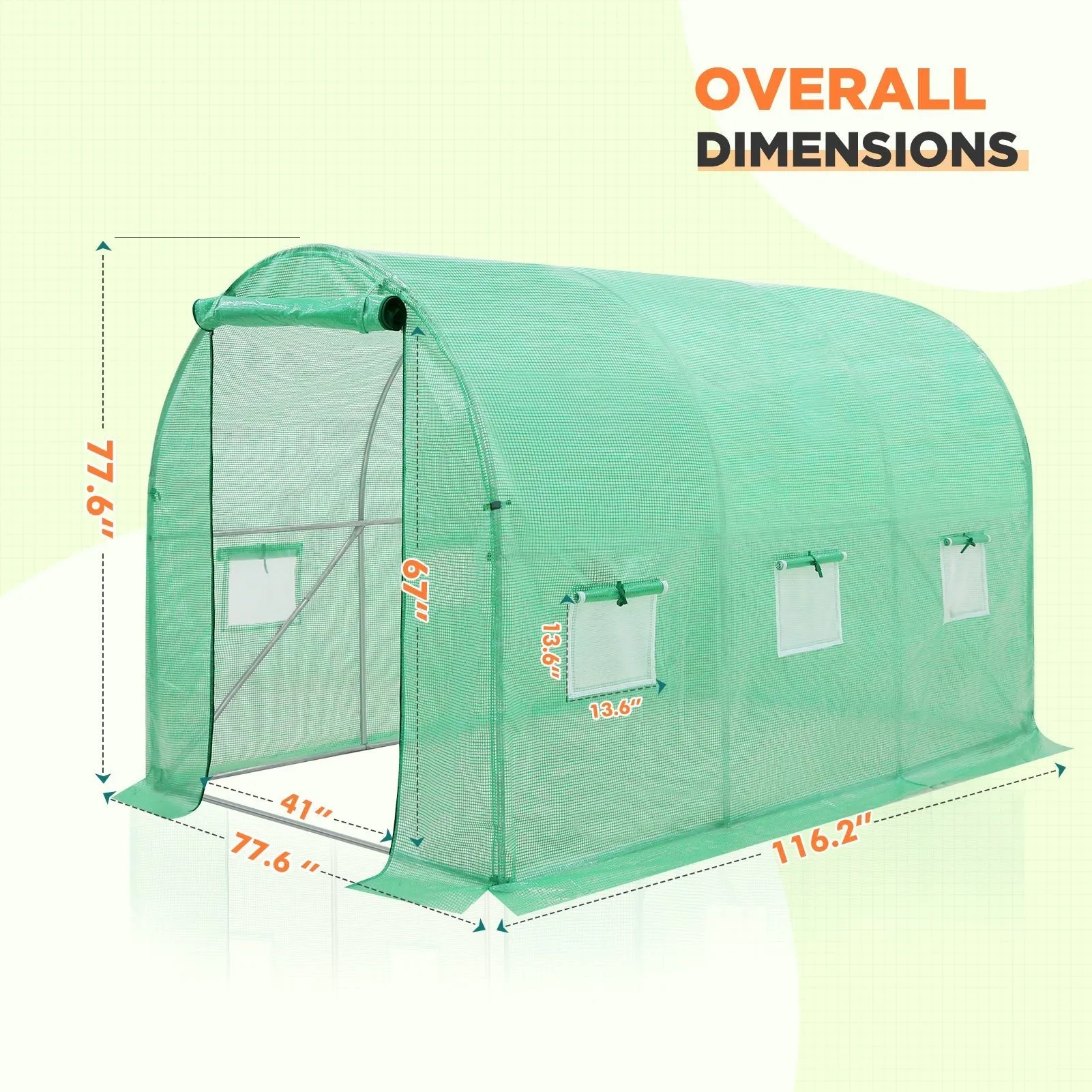 EAGLE PEAK Tunnel Greenhouse Garden Green House with Zippered Door and 6 Roll-up Side Windows, 10'x7'x7