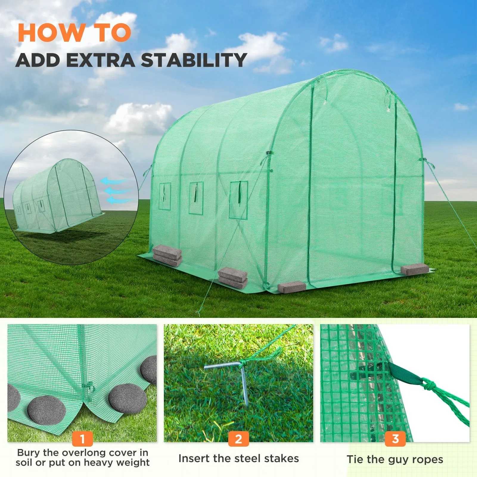 EAGLE PEAK Tunnel Greenhouse Garden Green House with Zippered Door and 6 Roll-up Side Windows, 10'x7'x7