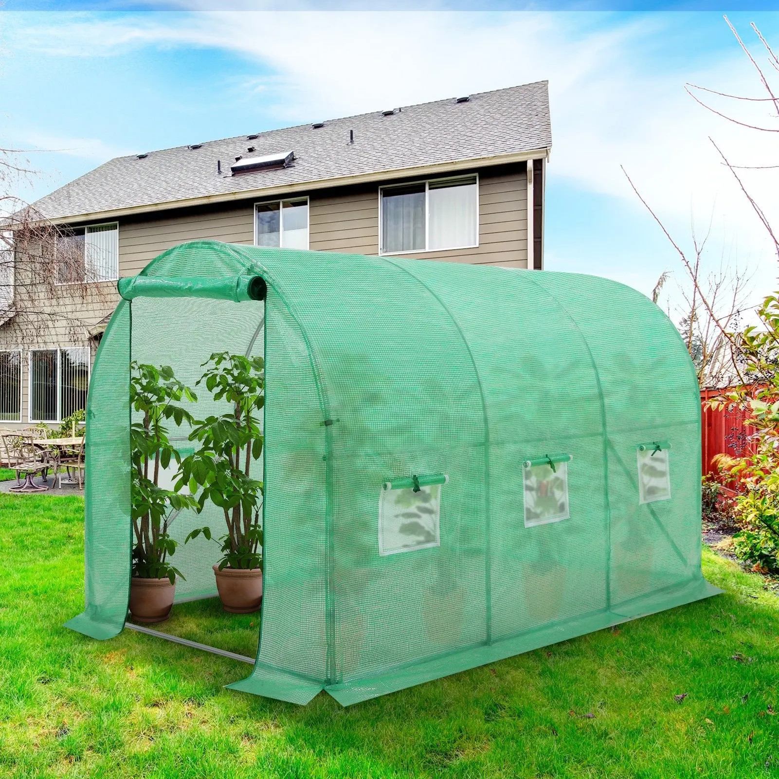 EAGLE PEAK Tunnel Greenhouse Garden Green House with Zippered Door and 6 Roll-up Side Windows, 10'x7'x7