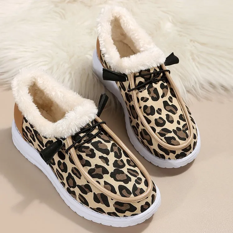 elveswallet Leopard print flat slip-on plush snow shoes