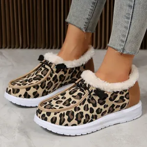 elveswallet Leopard print flat slip-on plush snow shoes