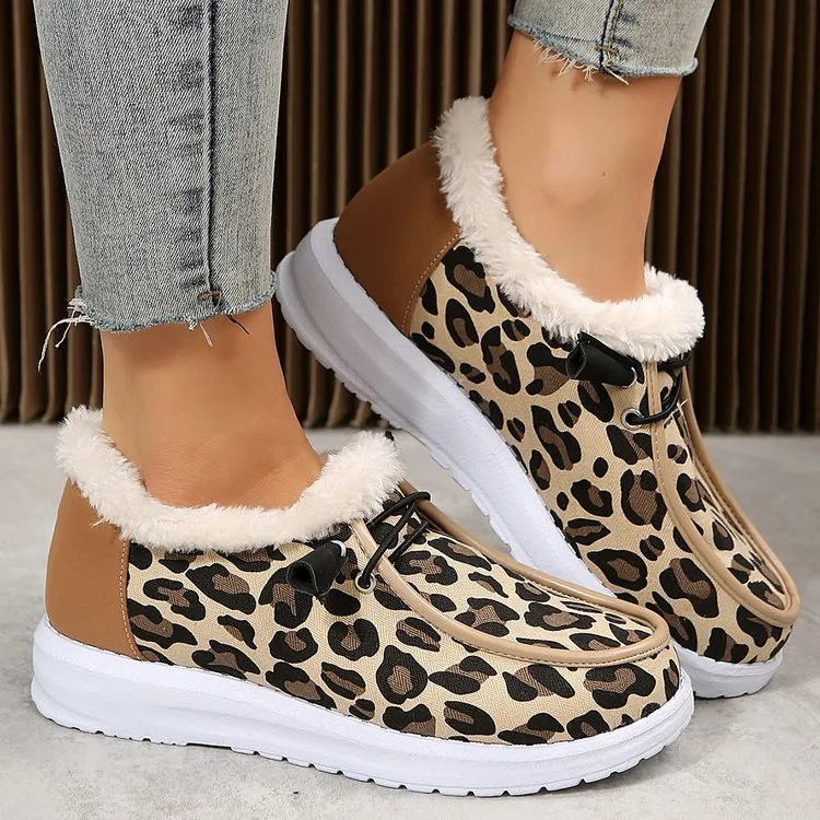 elveswallet Leopard print flat slip-on plush snow shoes