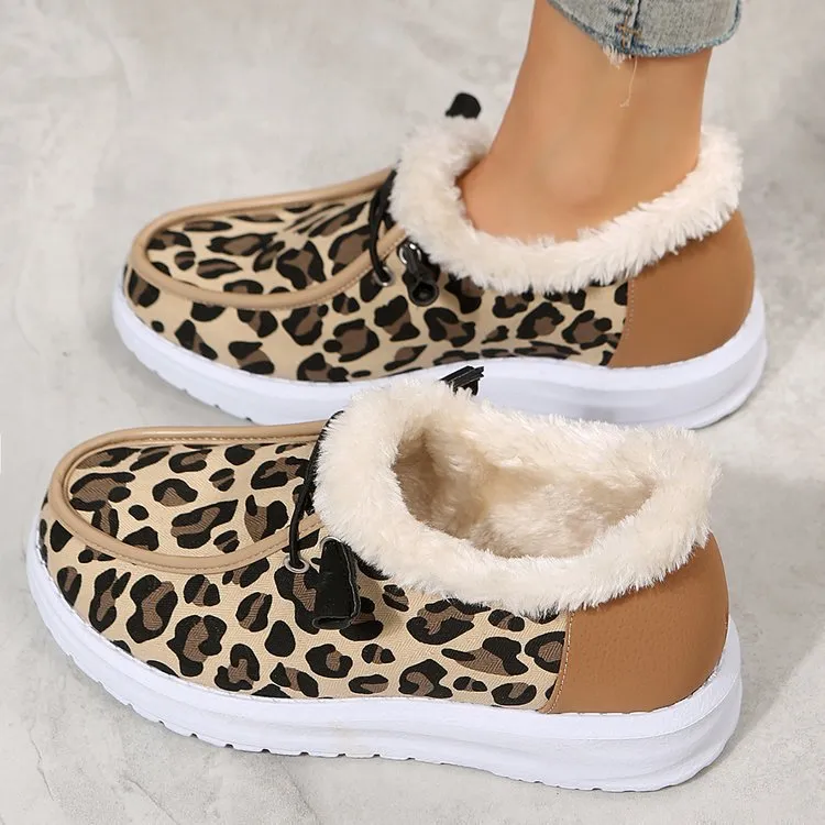 elveswallet Leopard print flat slip-on plush snow shoes