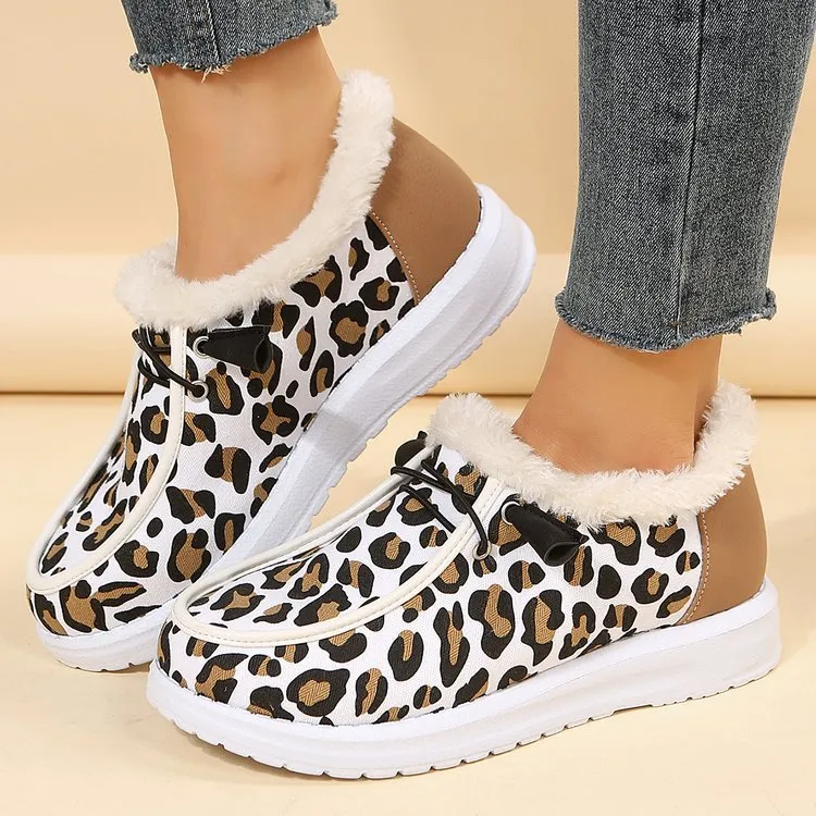 elveswallet Leopard print flat slip-on plush snow shoes