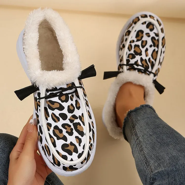 elveswallet Leopard print flat slip-on plush snow shoes