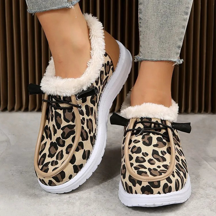 elveswallet Leopard print flat slip-on plush snow shoes