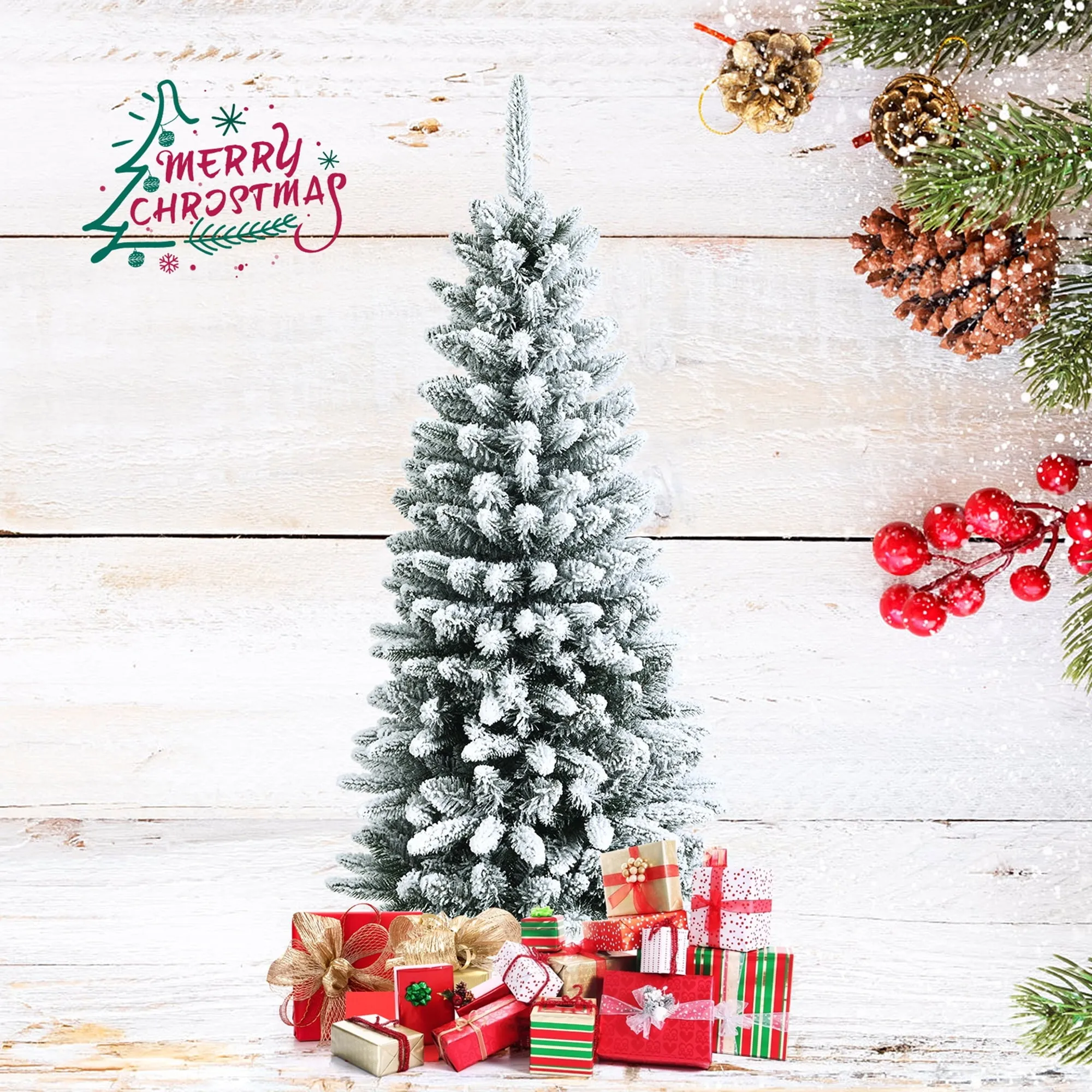 essential 4.5 FT Artificial Slim Christmas Tree Unlit Snow-Flocked Xmas Pencil Tree 4.5' 4.5'