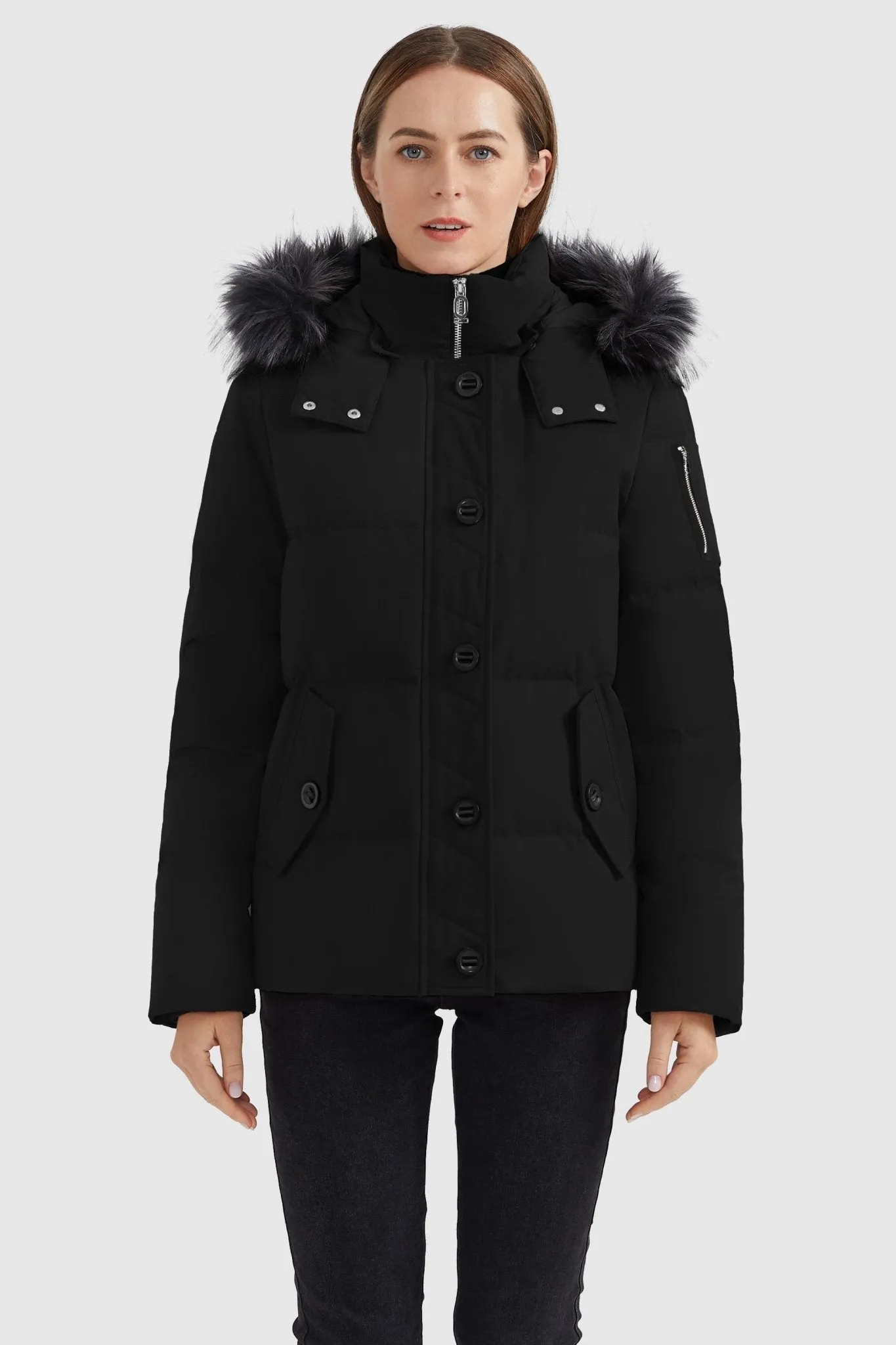 Fur Trim Hood Windproof Down Parka with Stand Collar