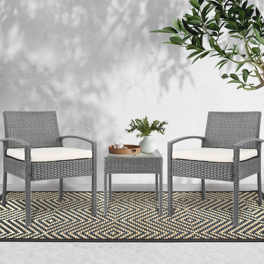 Gardeon 3PC Patio Furniture Bistro Set Wicker Outdoor Lounge Setting Grey