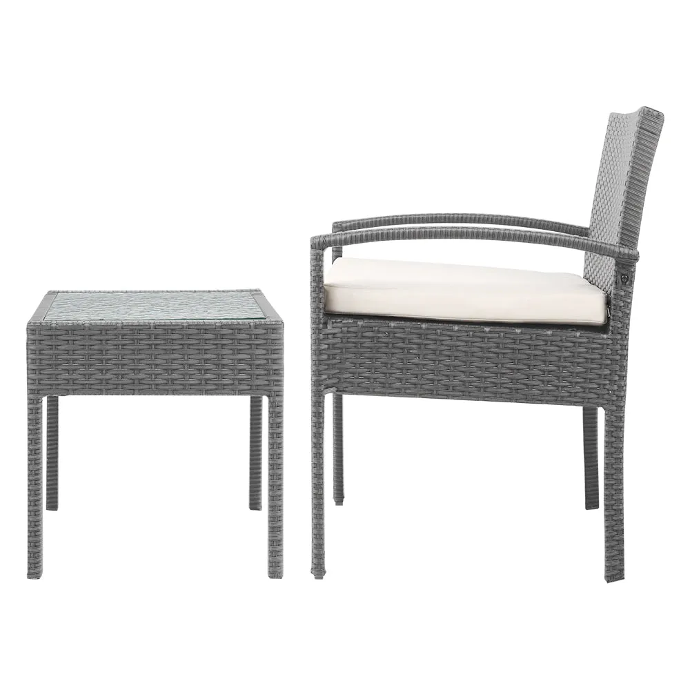 Gardeon 3PC Patio Furniture Bistro Set Wicker Outdoor Lounge Setting Grey