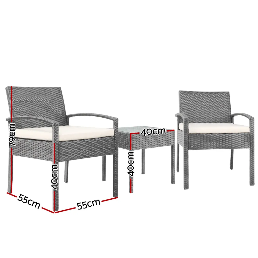 Gardeon 3PC Patio Furniture Bistro Set Wicker Outdoor Lounge Setting Grey