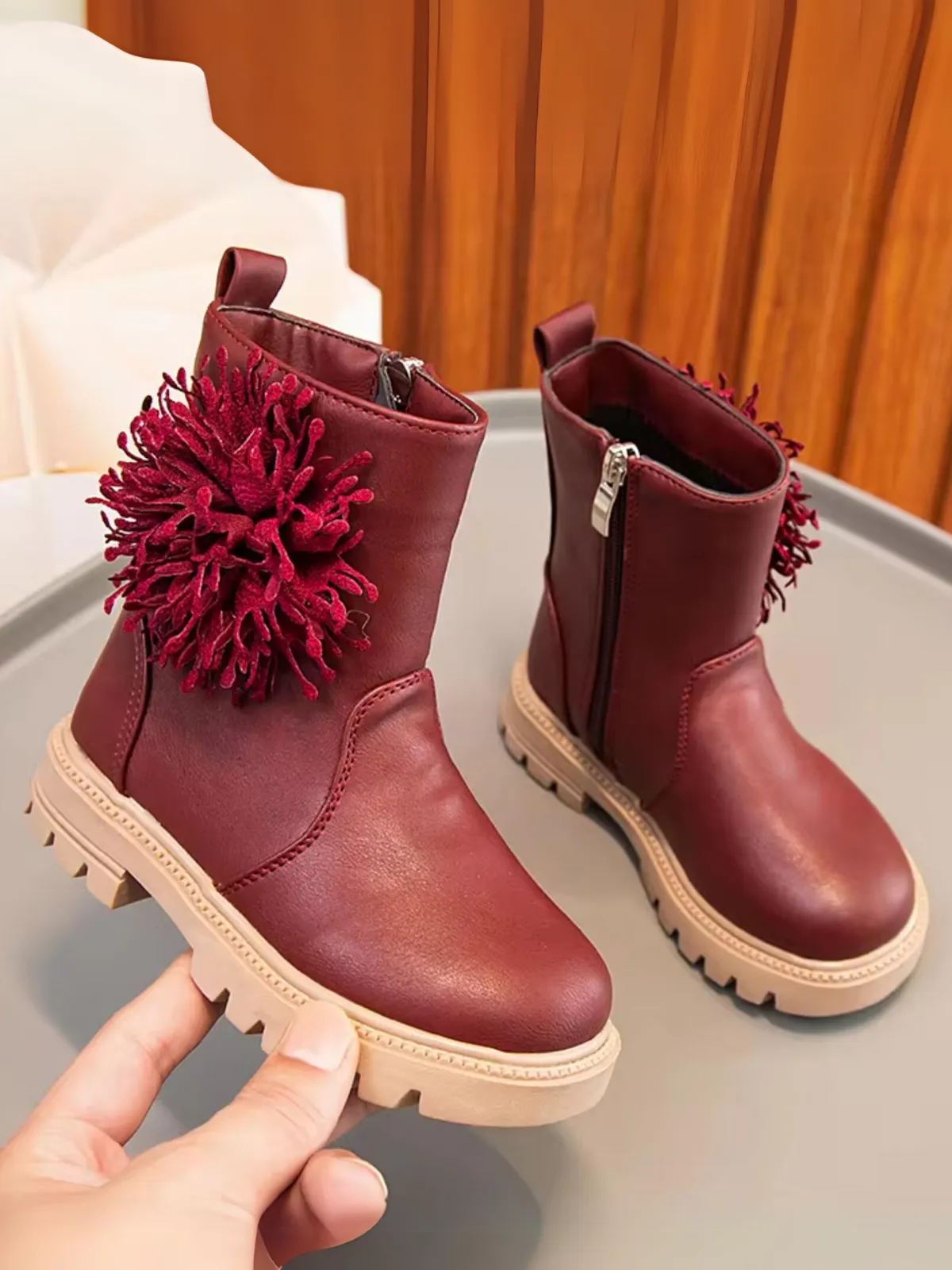 Girls Cute Non-slip Boots with Flower and Side Zipper By Liv and Mia