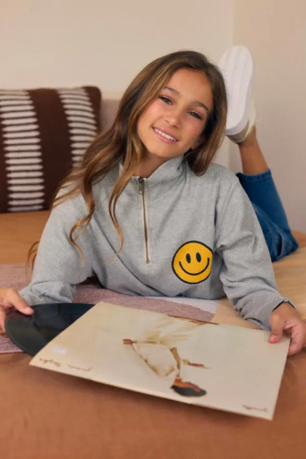 Girls Thermal 1/4 Zip Top with Smiley Sweatshirt