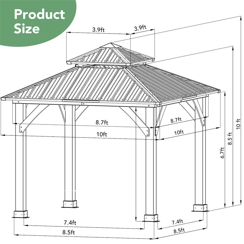 GrandShoppersHub  10 x 10 FT Outdoor Patio Hardtop Gazebo Double Steel Roof Solid Wood Frame