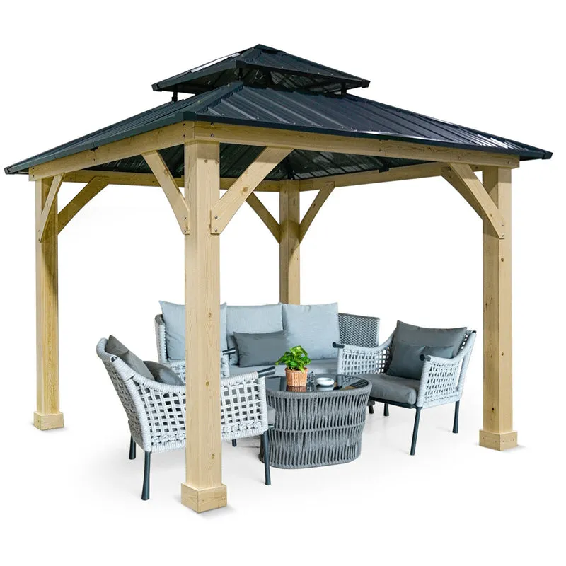 GrandShoppersHub  10 x 10 FT Outdoor Patio Hardtop Gazebo Double Steel Roof Solid Wood Frame