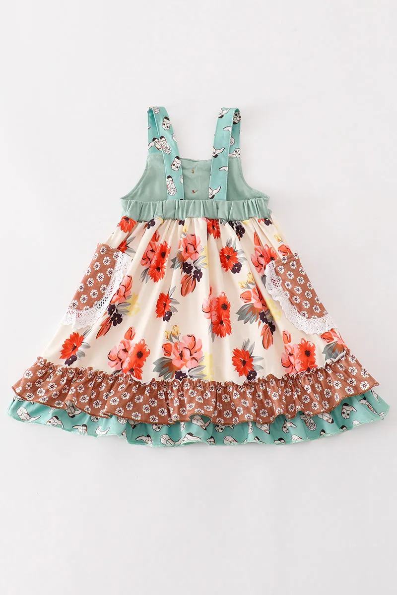 Green floral boots print ruffle dress