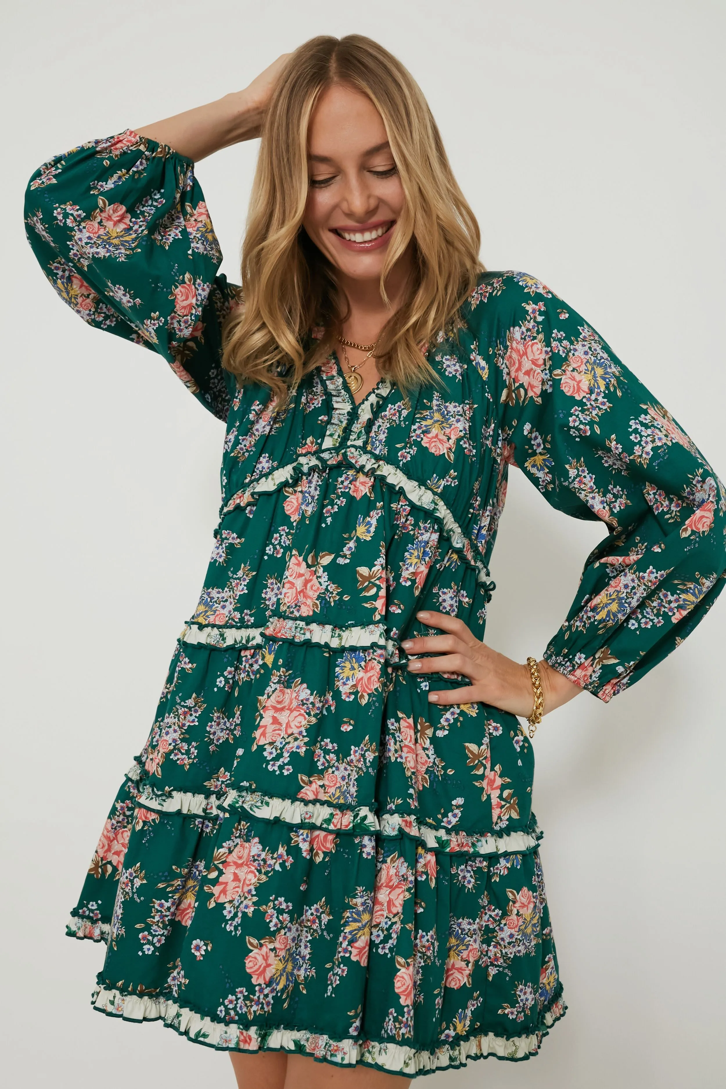 Green Floral Tiered Trina Mini Dress