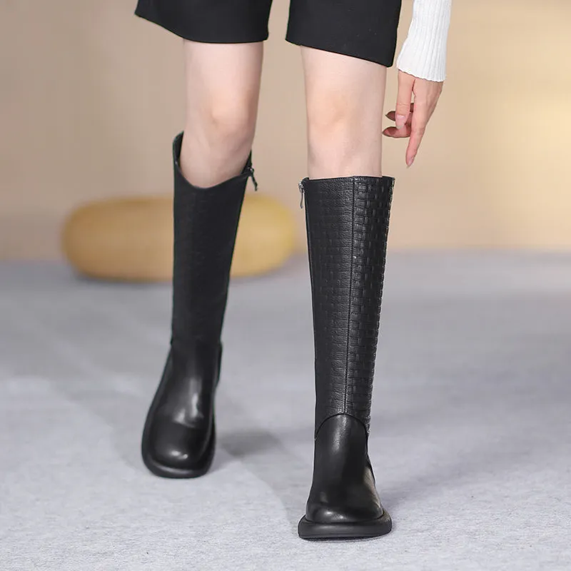 Handmade Retro Embossing Knee High Boots Side Zip Riding Boots Short in Black