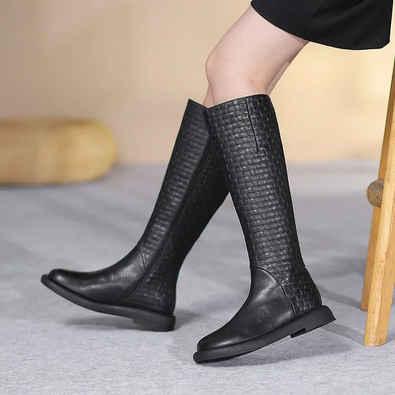 Handmade Retro Embossing Knee High Boots Side Zip Riding Boots Short in Black