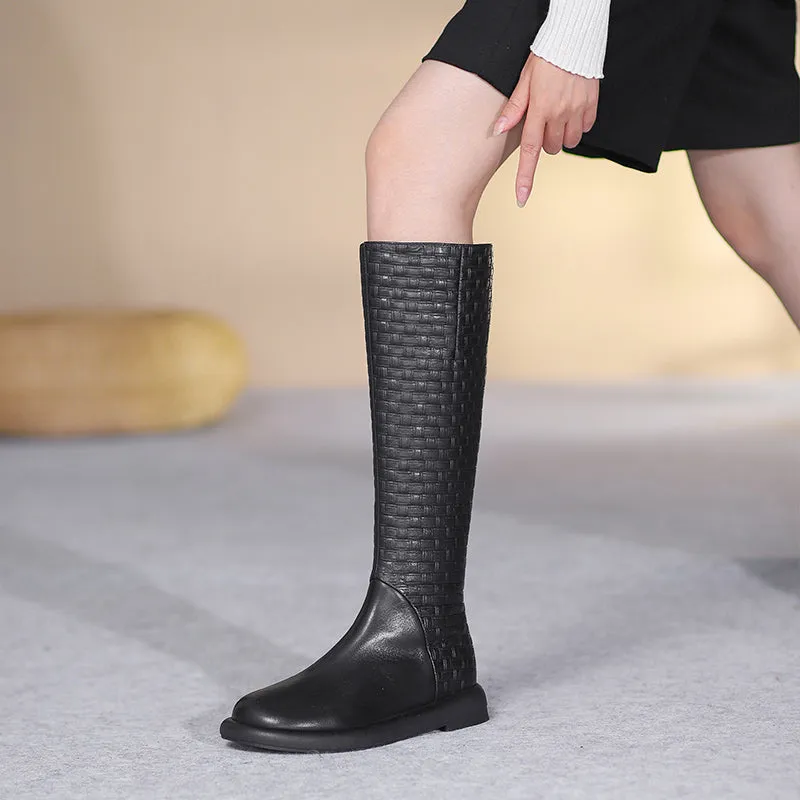 Handmade Retro Embossing Knee High Boots Side Zip Riding Boots Short in Black