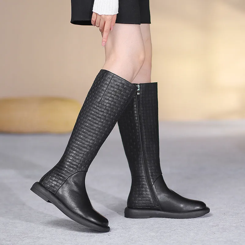 Handmade Retro Embossing Knee High Boots Side Zip Riding Boots Short in Black