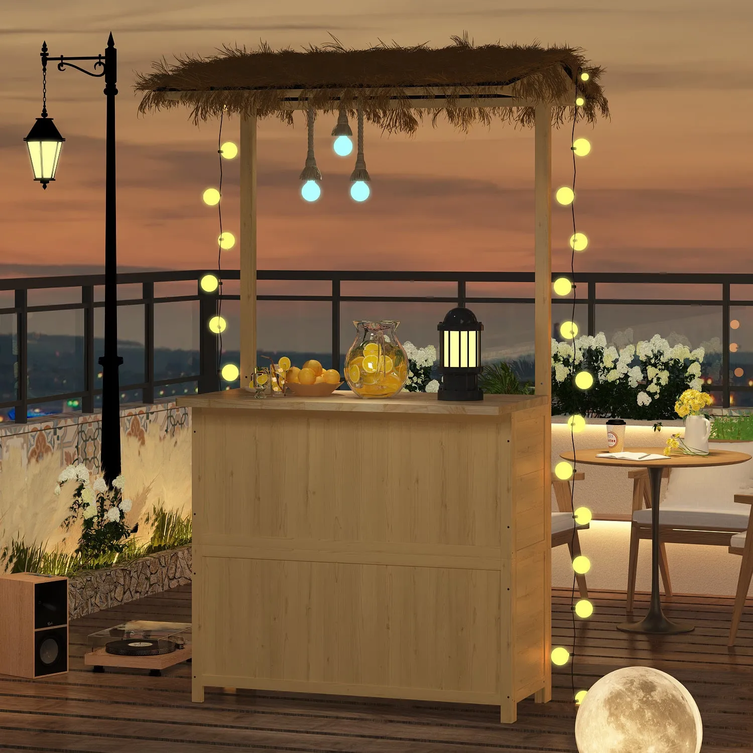 Hawaiian-Style Outdoor Bar Set with PE Grass Canopy and Storage