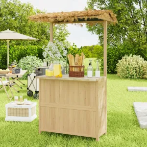 Hawaiian-Style Outdoor Bar Set with PE Grass Canopy and Storage