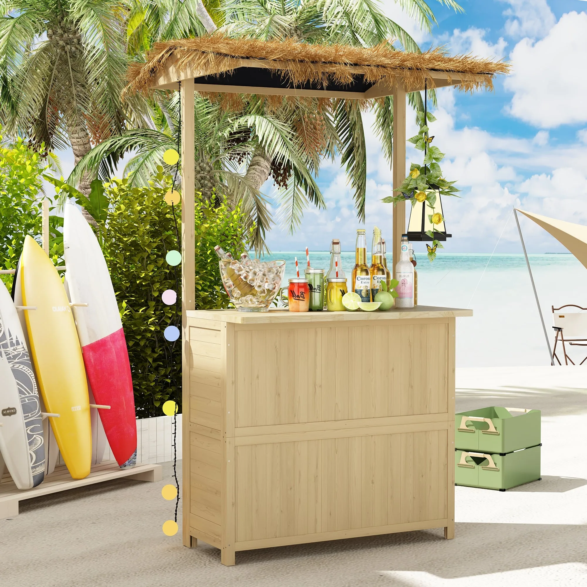 Hawaiian-Style Outdoor Bar Set with PE Grass Canopy and Storage